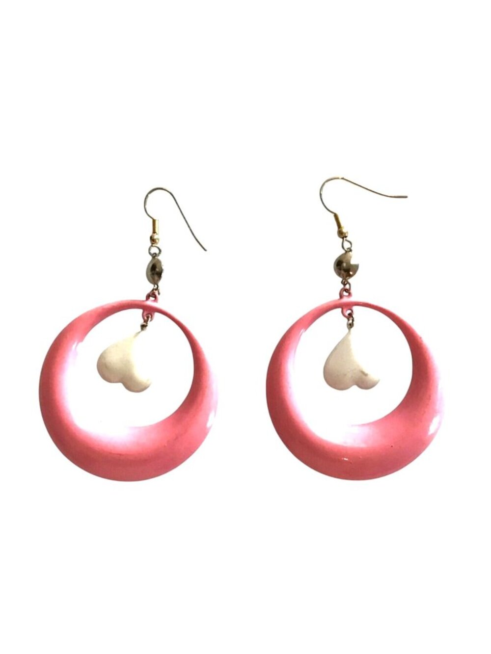 WOMENS DANGLE PINK TONE WITH WHITE CENTER HEART EARRINGS